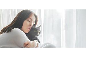 woman holding grey cat for comfort