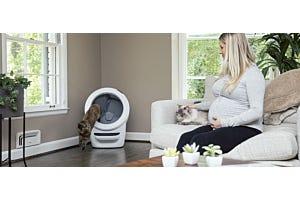 cat exiting self-cleaning litter box while pregnant woman watches