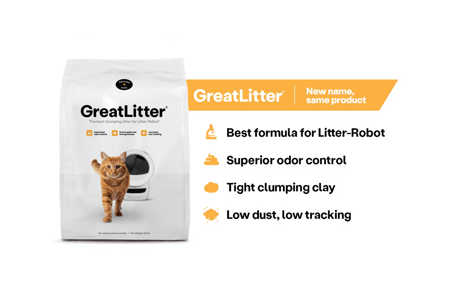 What makes GreatLitter amazing is that it's the best litter for Litter-Robot, provides superior odor control thanks to its all natural tight clumping clay and presents low dust, low tracking cat litter properties