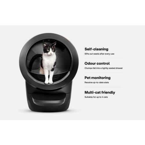 Black Litter-Robot 4 self-cleaning litter box and callouts: self-cleaning, sifts out waste after every use, odour control, clumps fall into a tightly sealed drawer, pet monitoring, receive up to date stats, and multi-cat friendly litter box, suitable for