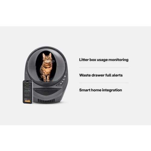 Bengal cat inside grey Litter-Robot 3 Connect with phone app to control the smart litter box