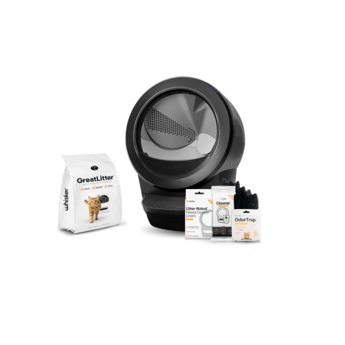 Litter-Robot 4 self cleaning litter box in black with the kickstart kit