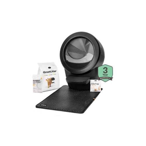 Litter-Robot 4 Starter Bundle in black - includes Litter-Robot 4 automatic litter box, extended warranty, premium cat litter, odortrap, waste drawer liners, and Litter Trap cat litter mat