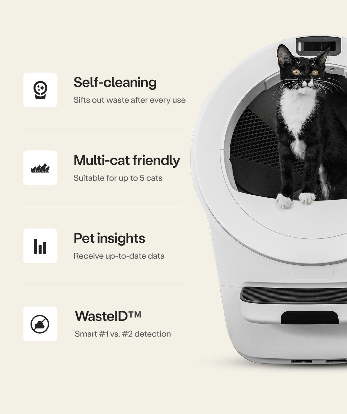 Whisker.com Litter-Robot 5 benefits and tuxedo cat
