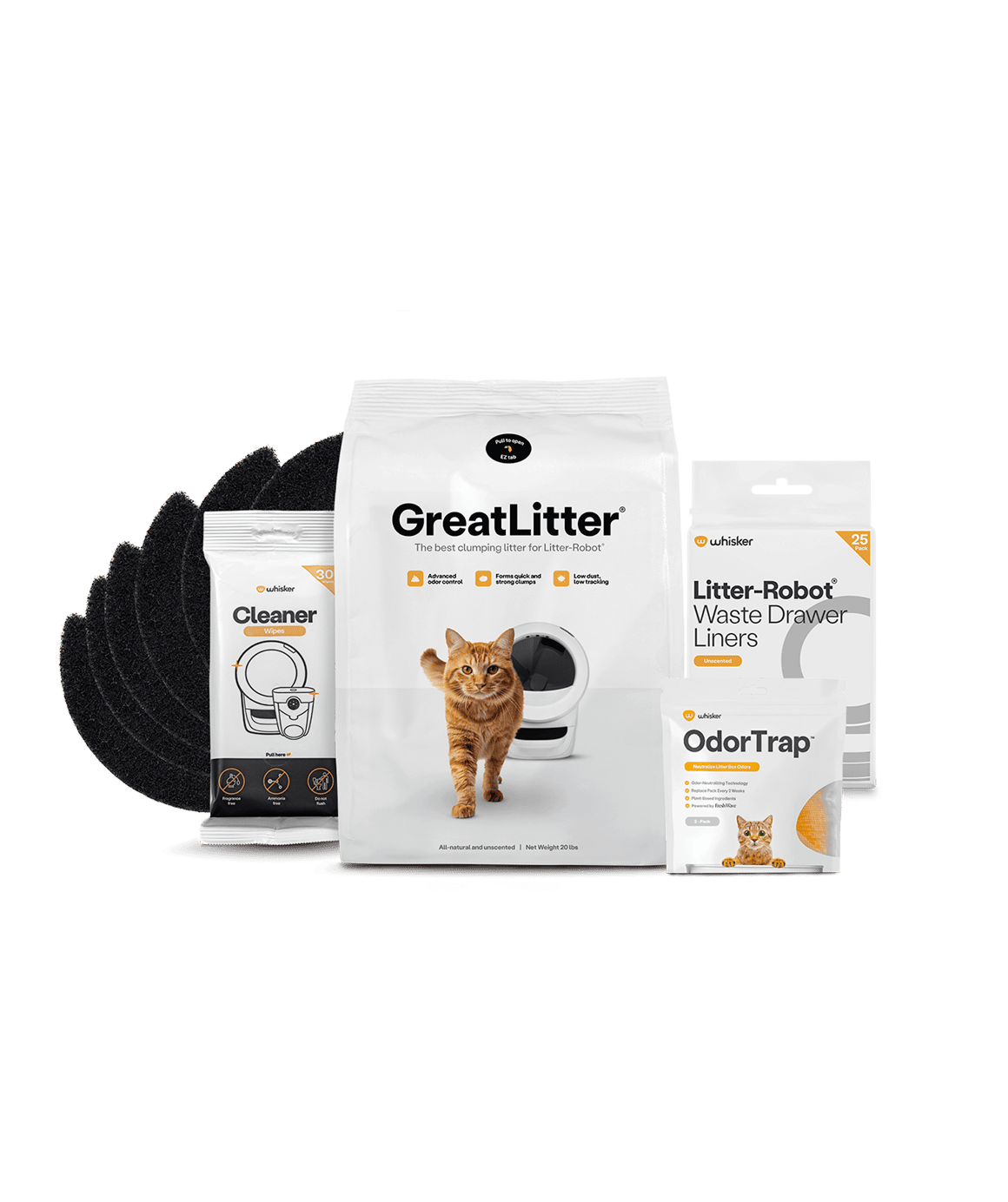 Kickstart kit - 20 lbs GreatLitter clumping clay litter, 3-pack OdorTrap, 25 pack Waste drawer liners. 30 cleaner wipes. and 6 carbon filters