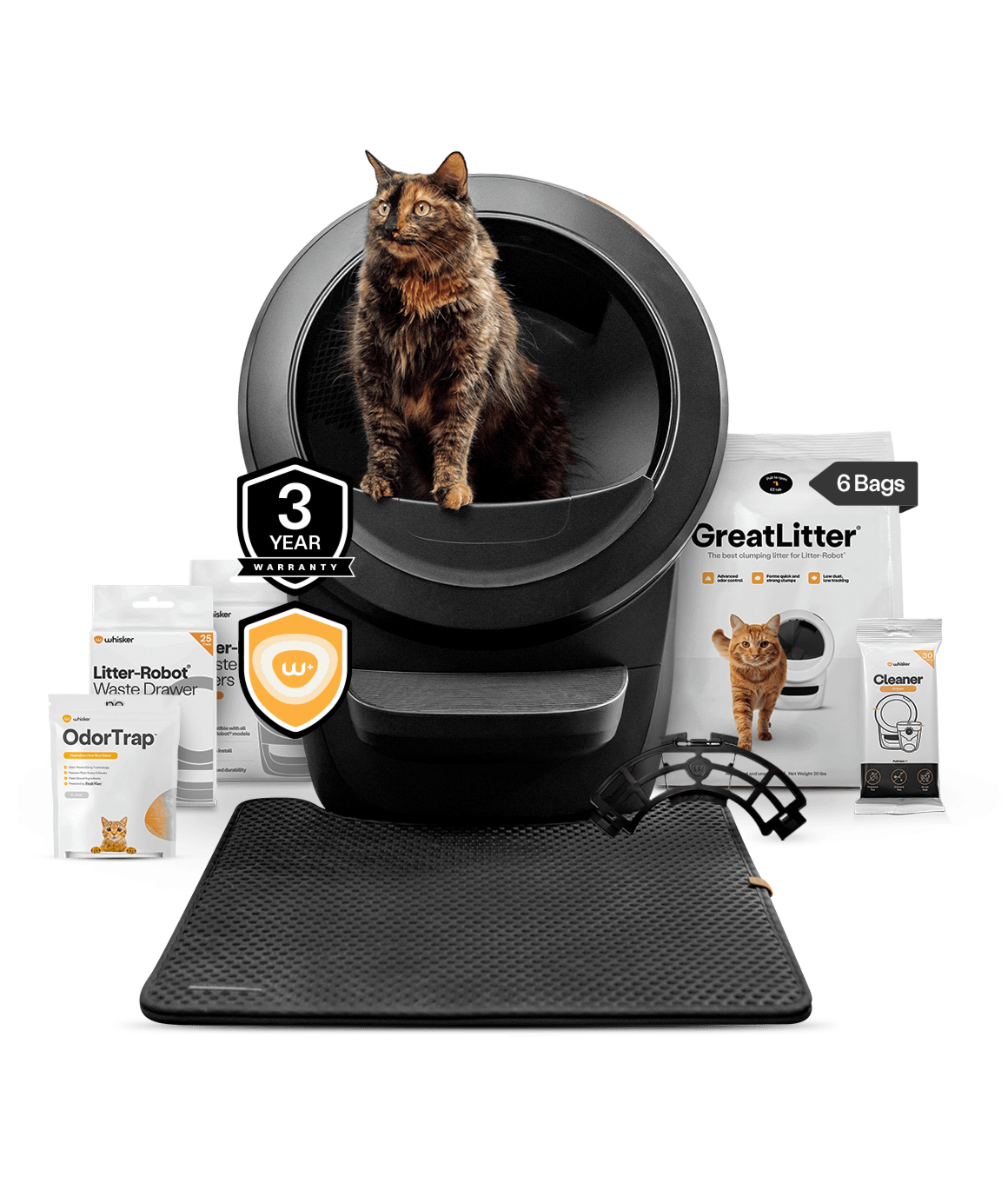 Litter-Robot 4 fully stocked bundle including 3 year warranty, waste drawer liners, whisker+ membership, LitterTrap mat, odortrap holder, cleaner wipes, greatlitter, and odortrap