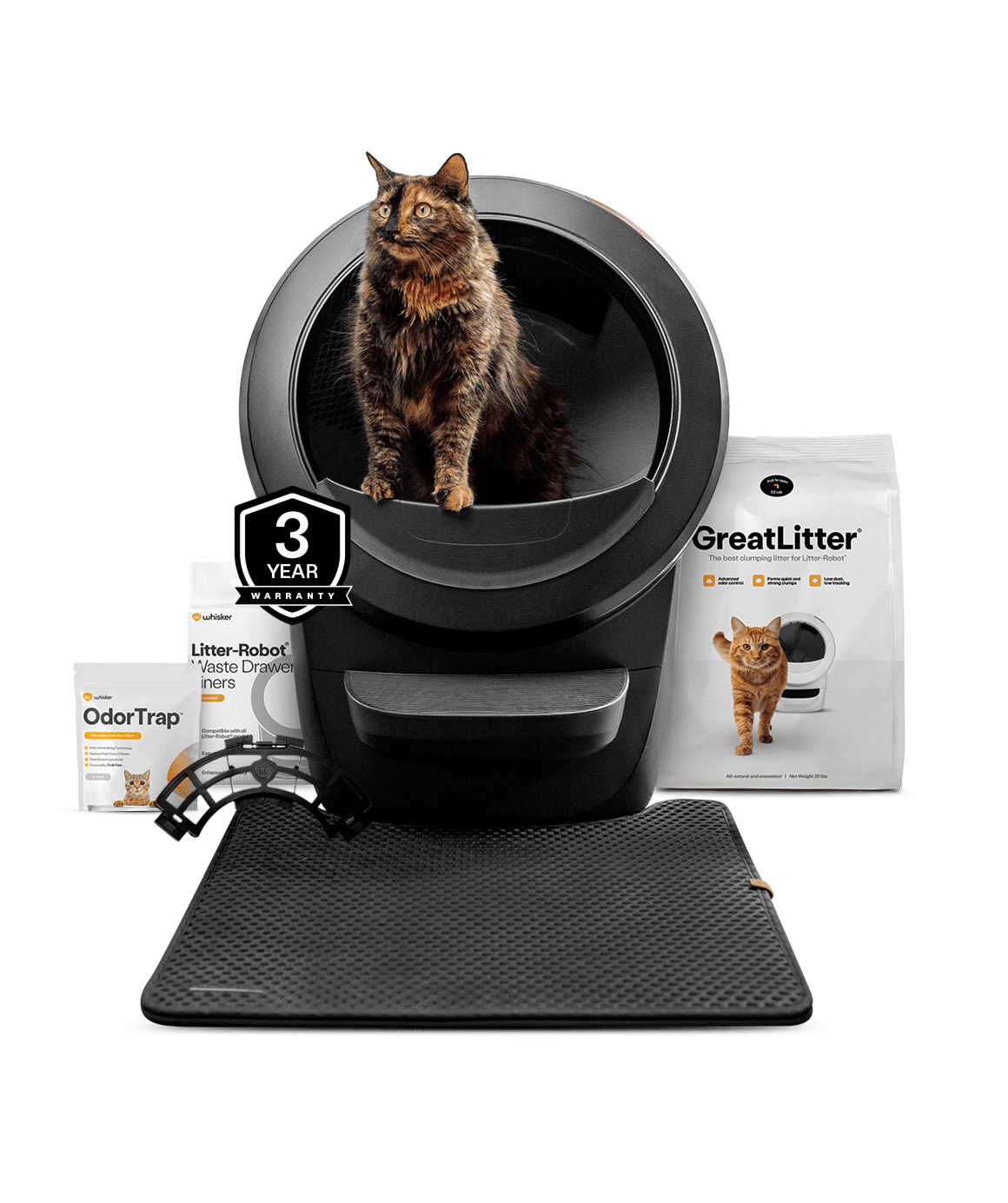 Litter-Robot 4 starter bundle including automatic litter box, odortrap holder, greatlitter, odortrap, waste drawer liners, and littertrap mat