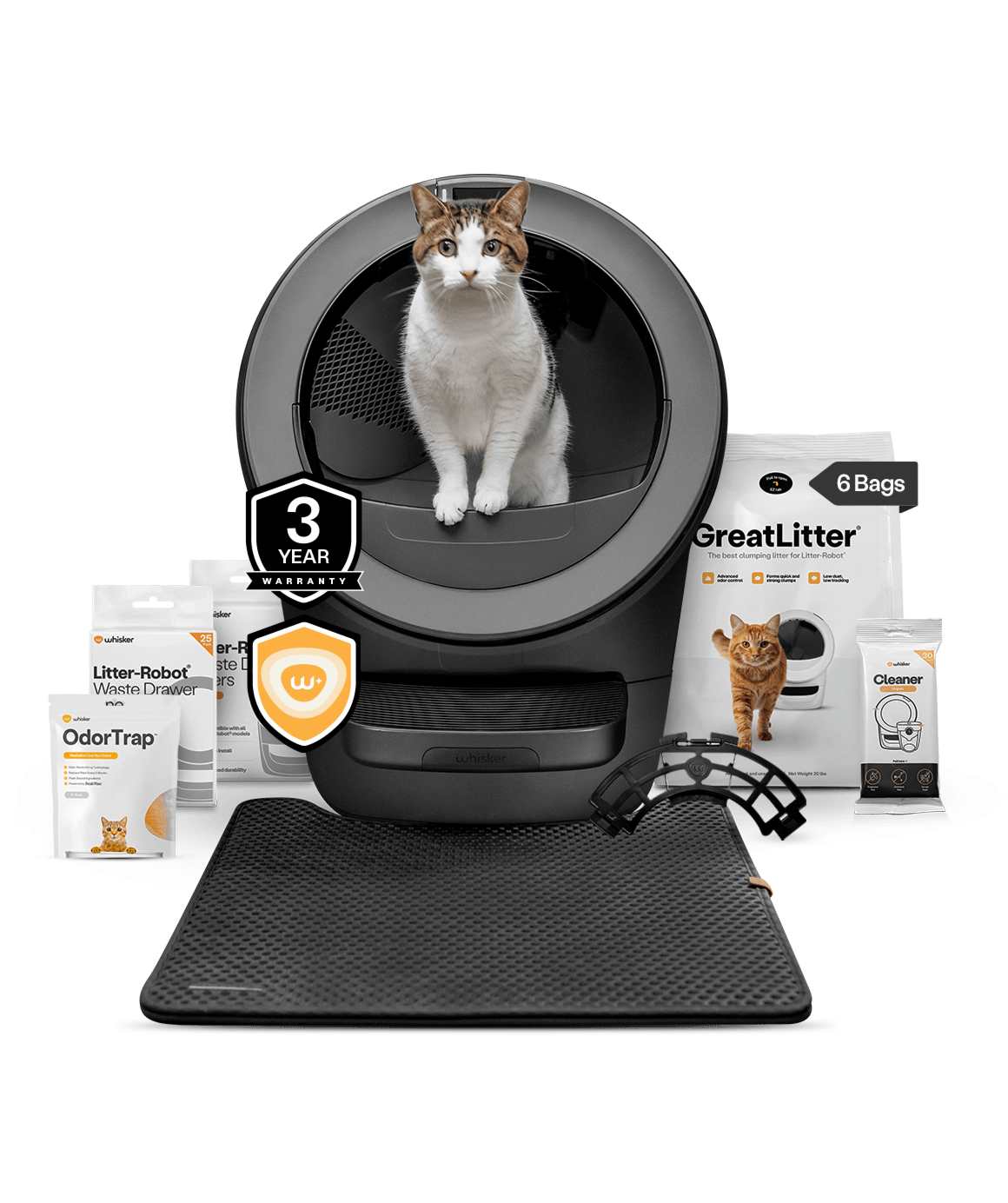 Litter-Robot 5 fully stocked bundle with greatlitter, waste drawer liners, odortrap, littertrap mat, cleaner wipes, warranty, and whisker+ membership