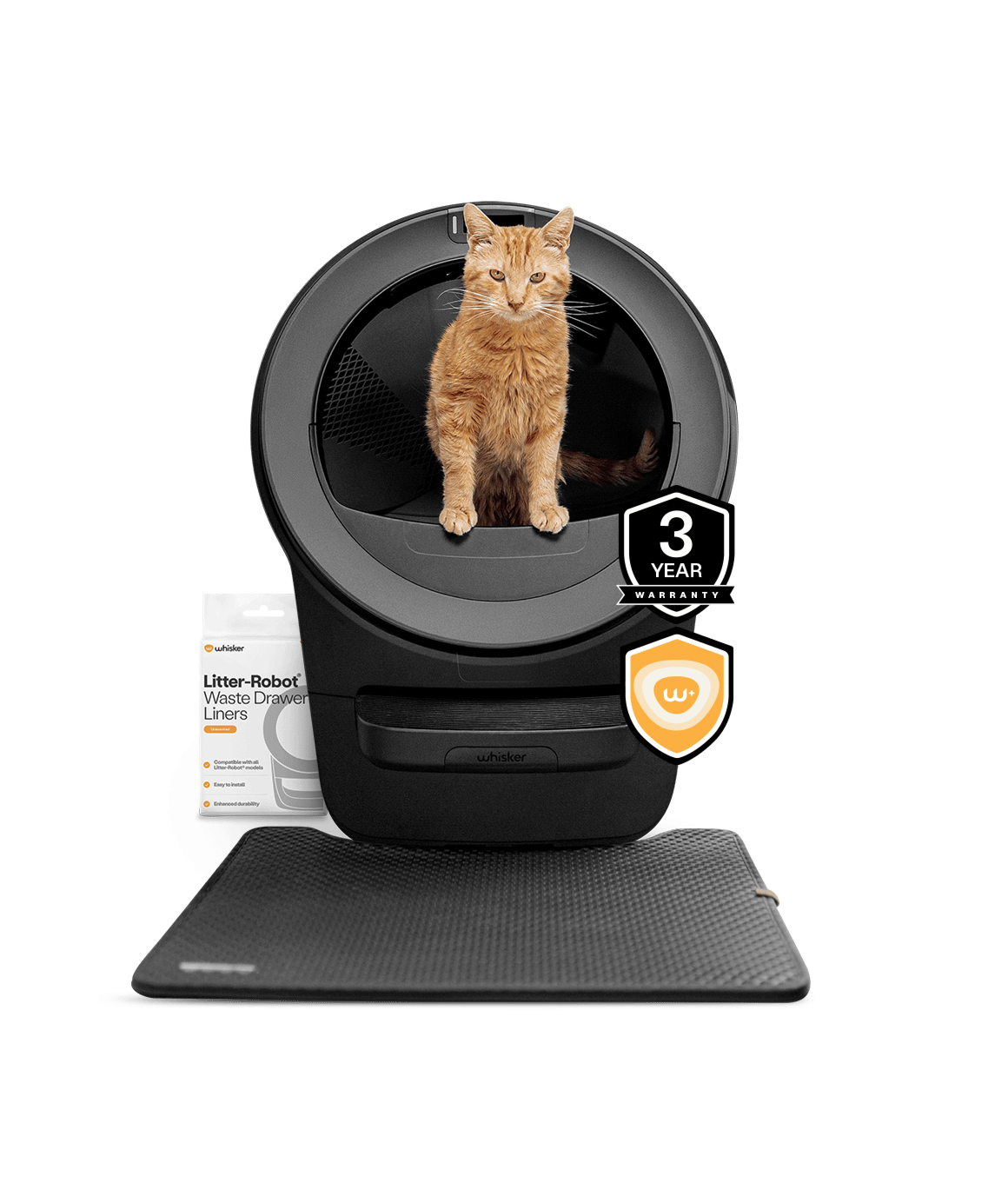 Whisker.com Litter-Robot 5 automatic litter box insights bundle in black with waste drawer liners, littertrap mat, whisker+ membership and warranty
