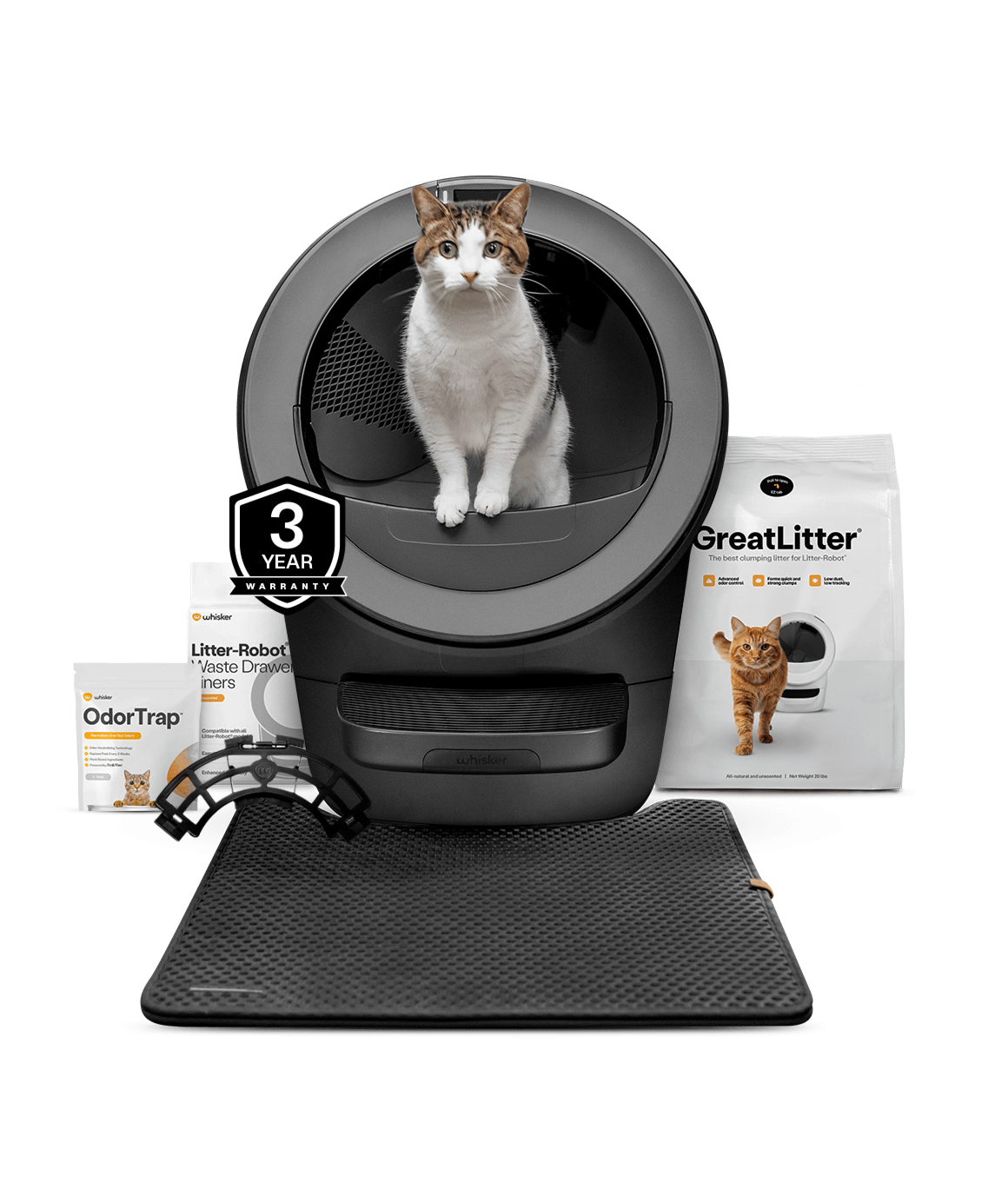 Litter-Robot 5 self cleaning litter box and starter accessories including greatlitter, waste drawer liners, odortrap, littertrap mat, and warranty