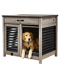 Golden Retriever sitting inside barrister dog crate