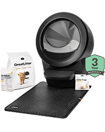 Litter-Robot 4 Starter Bundle in black - includes Litter-Robot 4 automatic litter box, extended warranty, premium cat litter, odortrap, waste drawer liners, and Litter Trap cat litter mat