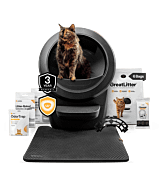 Litter-Robot 4 fully stocked bundle including 3 year warranty, waste drawer liners, whisker+ membership, LitterTrap mat, odortrap holder, cleaner wipes, greatlitter, and odortrap thumbnail