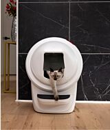 Cat exiting Litter-Robot 4 through the flap of the Litter-Robot shield thumbnail