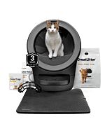 Litter-Robot 5 self cleaning litter box and starter accessories including greatlitter, waste drawer liners, odortrap, littertrap mat, and warranty thumbnail