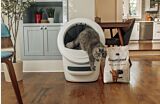 Grey cat exiting Litter-Robot 4 self cleaning litter box next to a bag of GreatLitter Thumbnail