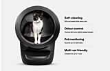 Black Litter-Robot 4 self-cleaning litter box and callouts: self-cleaning, sifts out waste after every use, odour control, clumps fall into a tightly sealed drawer, pet monitoring, receive up to date stats, and multi-cat friendly litter box, suitable for  Thumbnail
