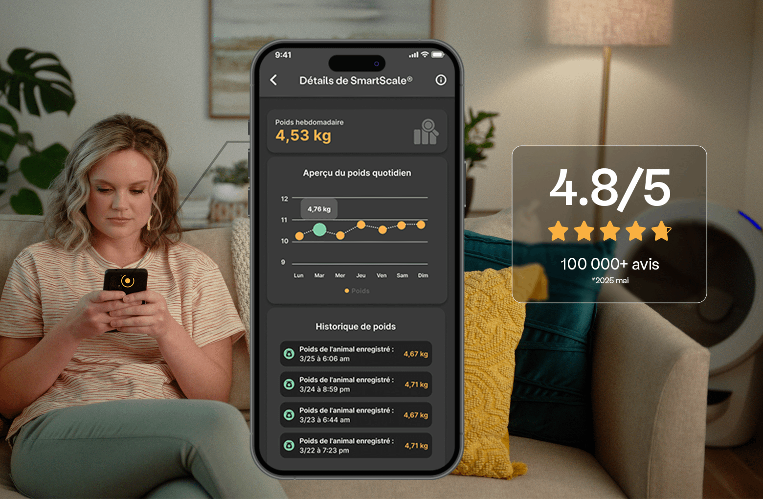 FR - Whisker app screen Donn&eacute;es de la liti&egrave;re intelligente Litter-Robot 4 avec tableau de poids du chat