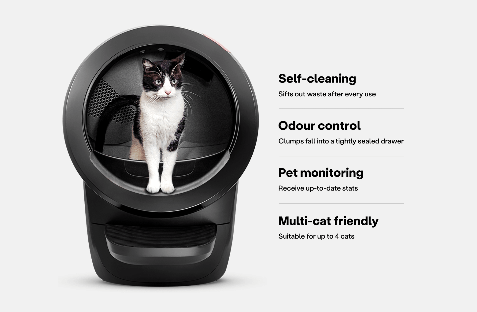 Black Litter-Robot 4 self-cleaning litter box and callouts: self-cleaning, sifts out waste after every use, odour control, clumps fall into a tightly sealed drawer, pet monitoring, receive up to date stats, and multi-cat friendly litter box, suitable for 