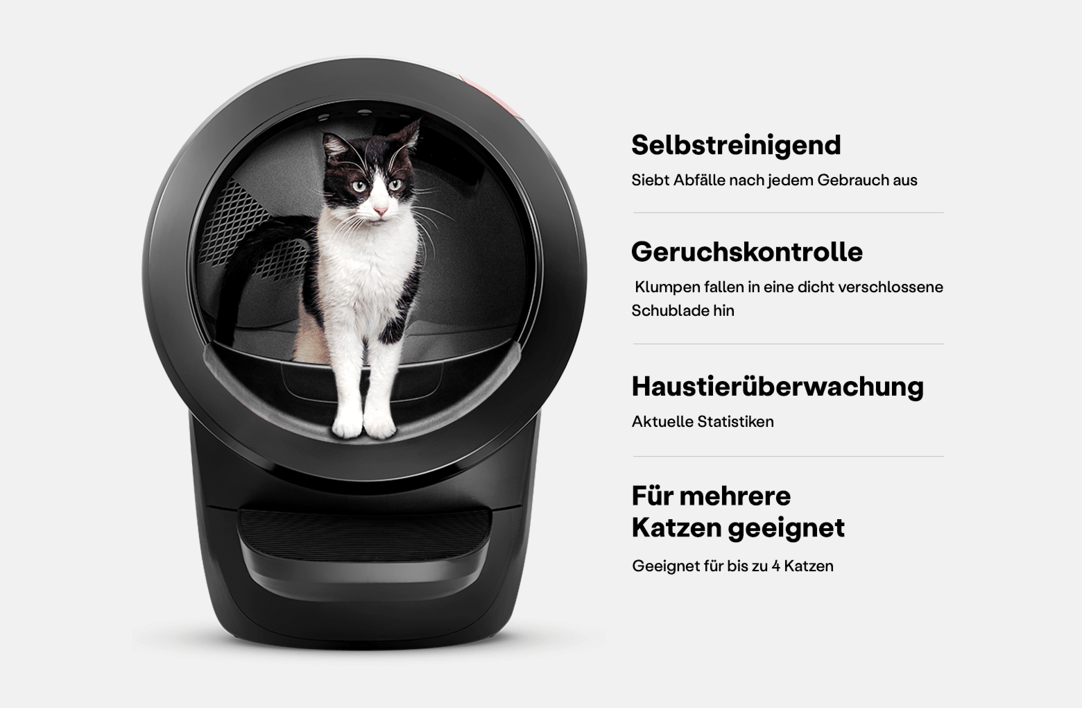 Litter-Robot 4 das selbstreinigende katzenklo selbstreinigend, das den Abfall nach jeder Benutzung filtert, Gerüche durch den Abfall, der in eine geschlossene Schublade fällt, kontrolliert, Ihnen intelligente Echtzeitdaten liefert und für mehrere Katzen g