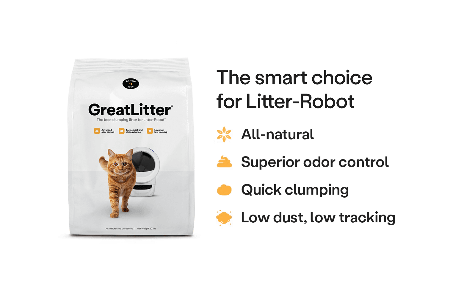 What makes GreatLitter amazing is that it's the best litter for Litter-Robot, provides superior odor control thanks to its all natural tight clumping clay and presents low dust, low tracking cat litter properties