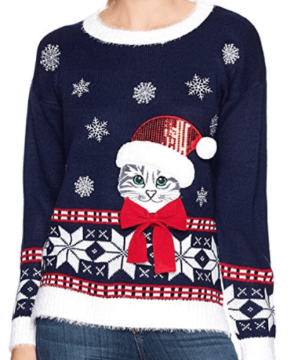 cat christmas sweater bow sequin