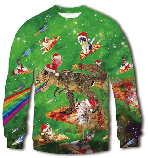 cat christmas sweater t-rex pizza