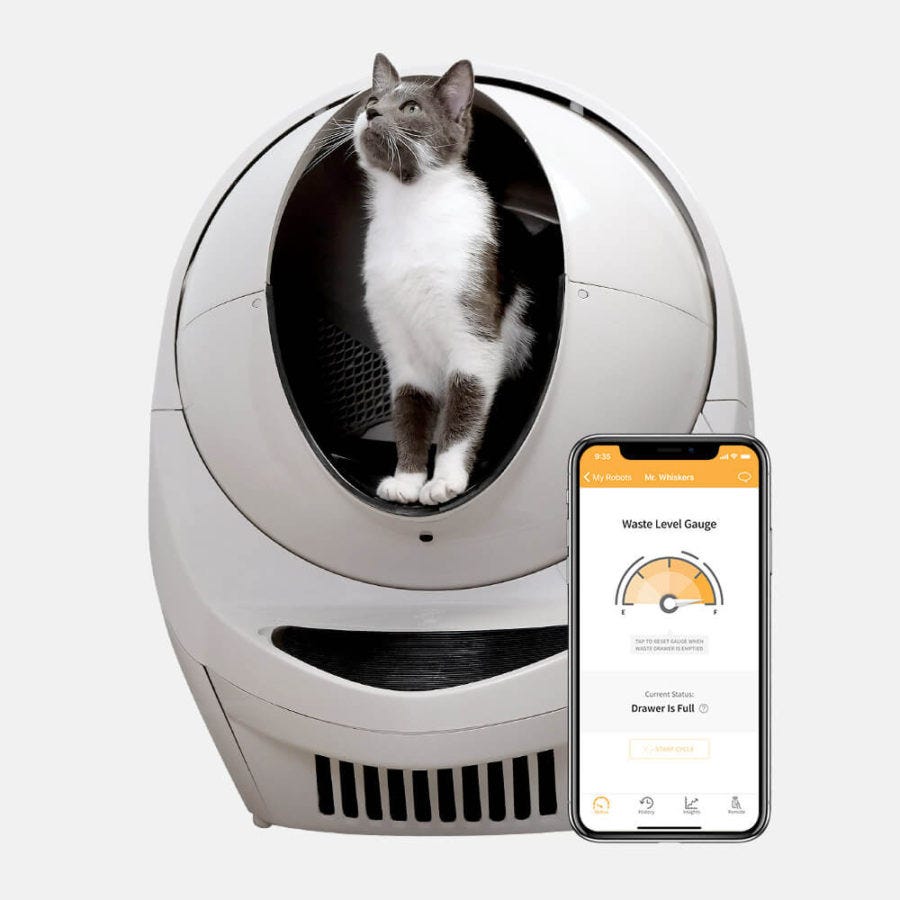 Grey and white cat inside the globe of a beige Litter-Robot 3 Connect