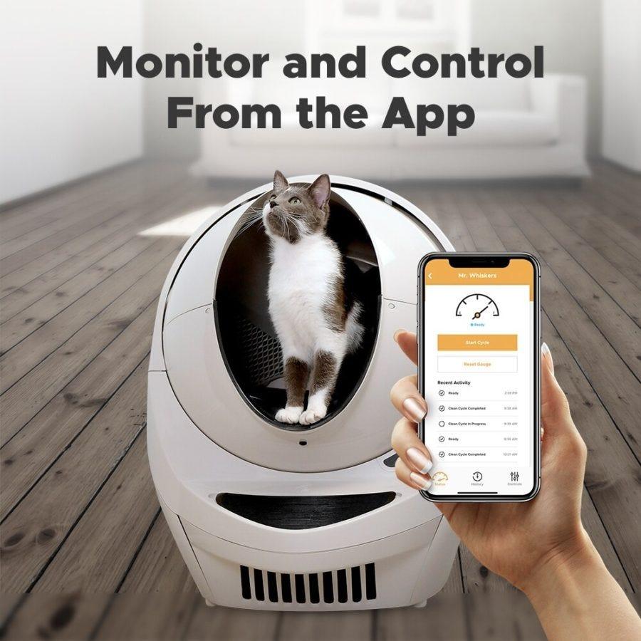 Grey tuxedo cat inside beige Litter-Robot 3 Connect - monitor and control this automatic litter box from the app