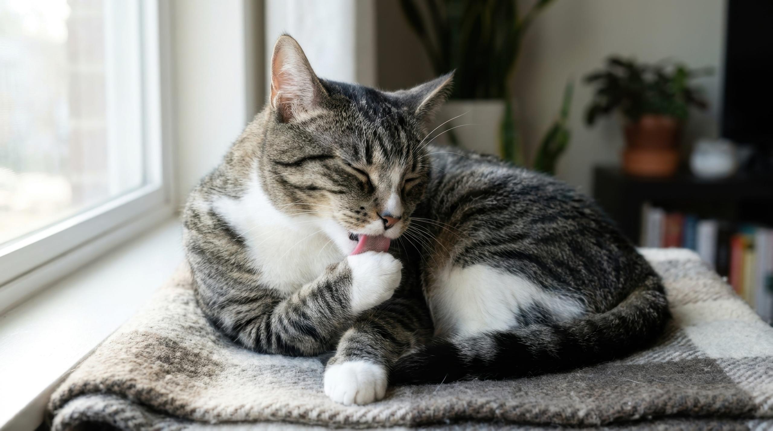 Cat grooming itself while laying down next to a window