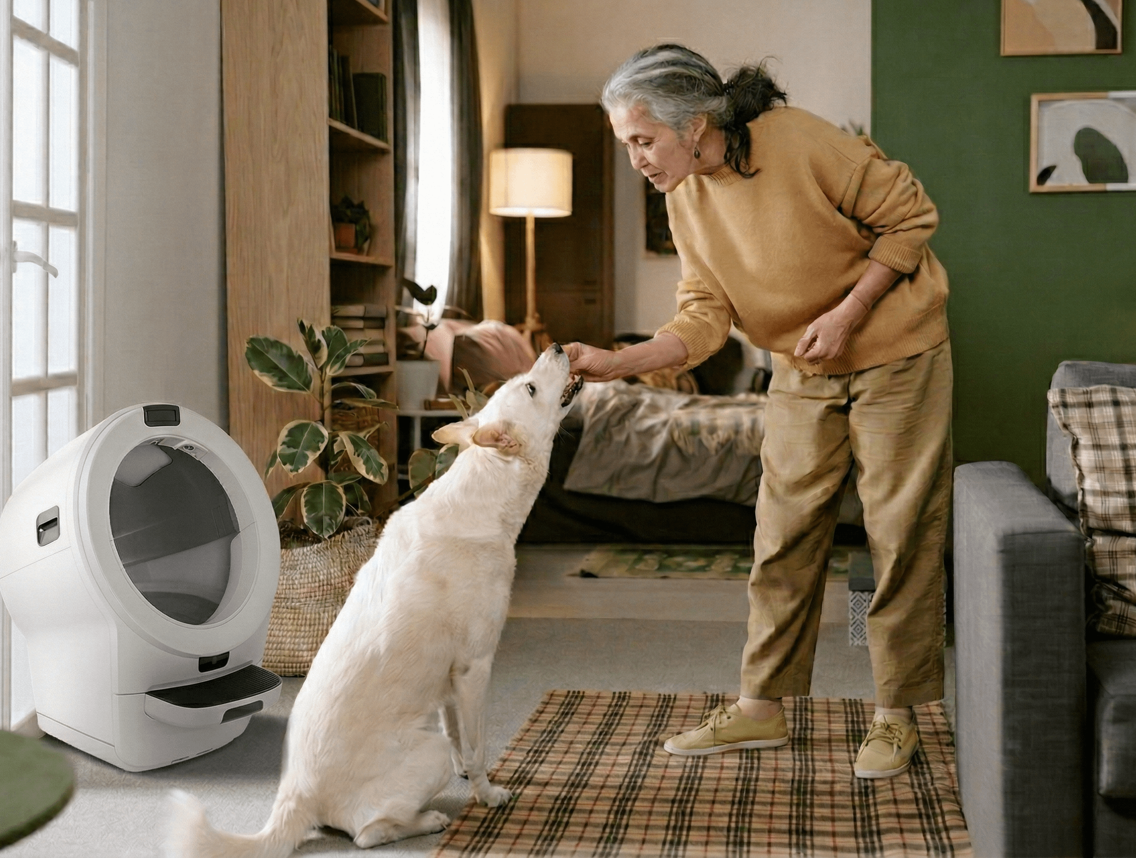 lady rewarding dog for calm behavior around Litter-Robot with treats