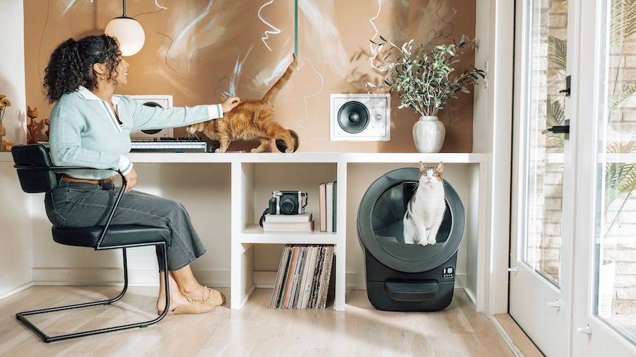 Litter-Robot EVO automatic litter box hidden under a desk