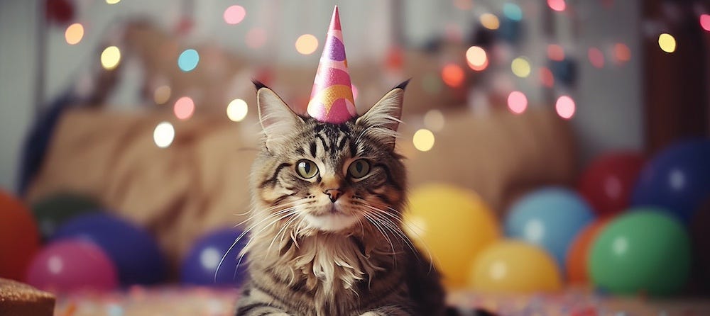 longhair tabby cat celebrating new year