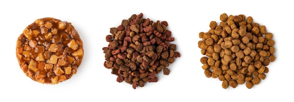 cat food, wet and dry