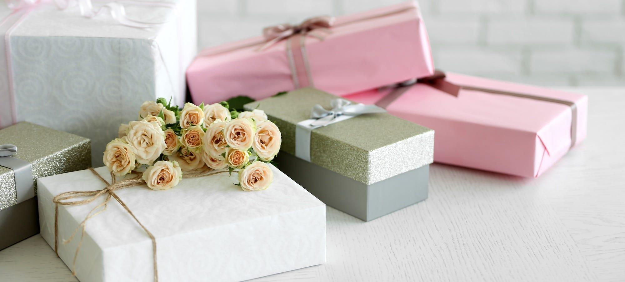 table with wrapped wedding gifts
