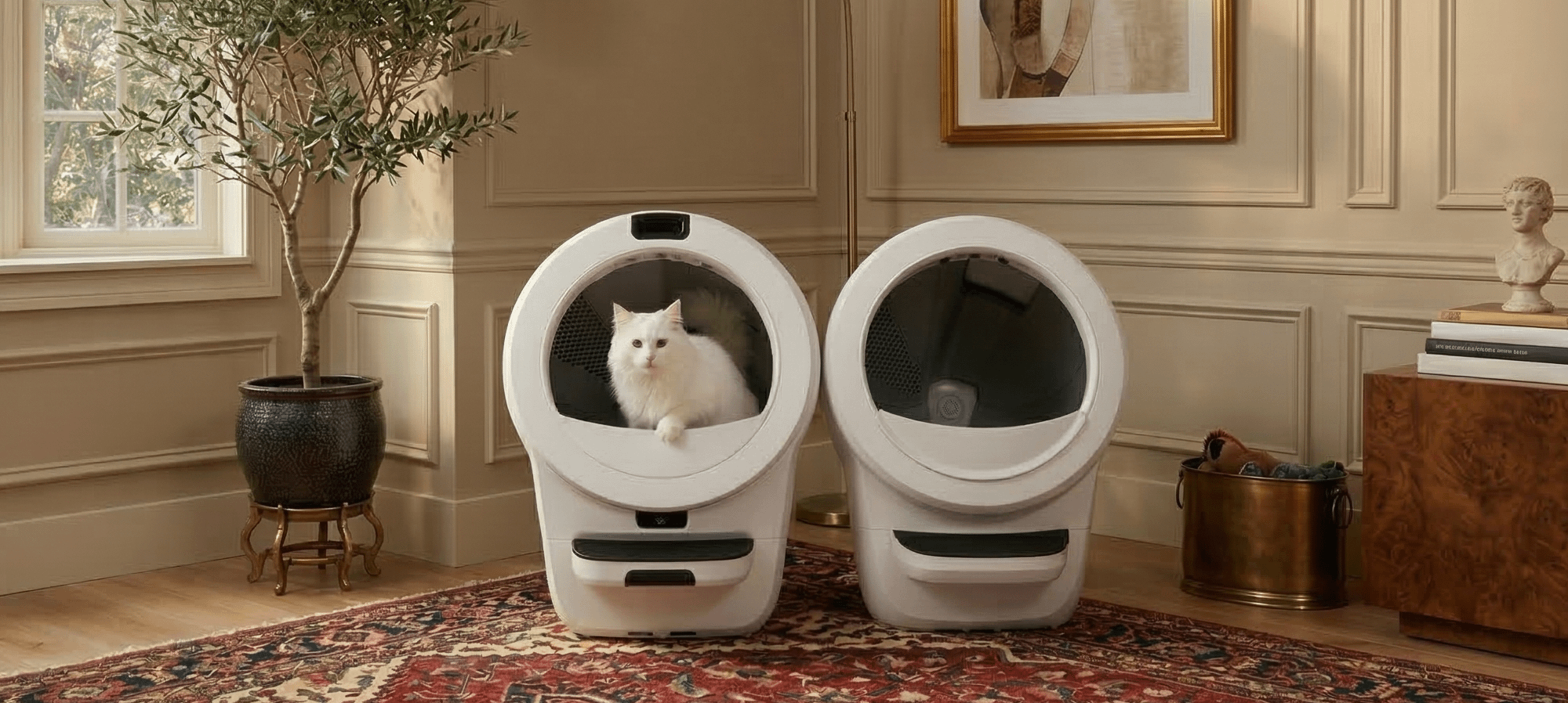 Litter-Robot 4 vs Litter-Robot 5 - white cat in white self-cleaning litter box