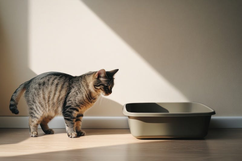 constipated cat wary of the litter box