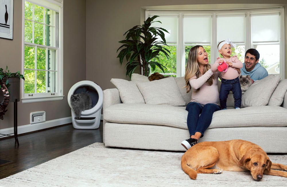 family with dog while cat uses Litter-Robot 4 the self cleaning litter box