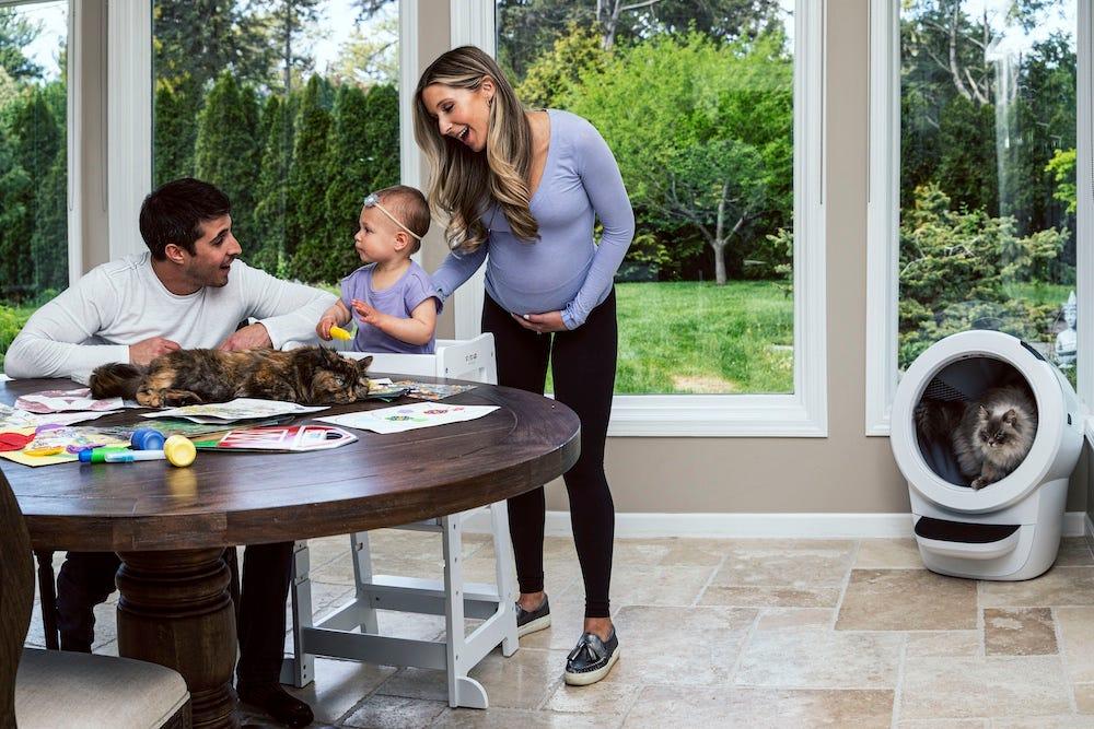 man, toddler, pregnant woman and cat with Litter-Robot