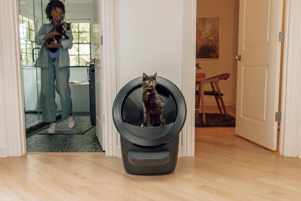 tortie cat using self-cleaning litter box while woman holds another cat