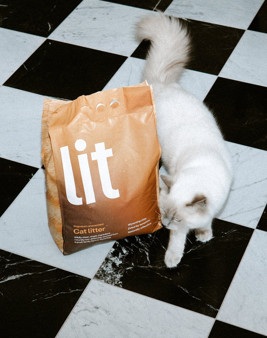 [Alt text: cat beside Lit premium cat litter]