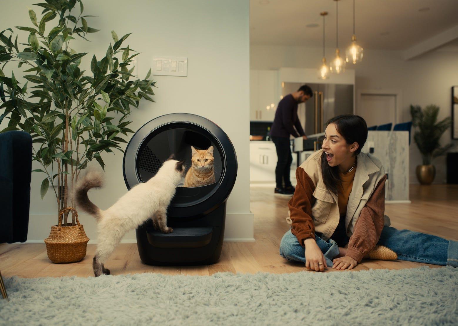 Women and child playing with cat in front of Litter-Robot 4