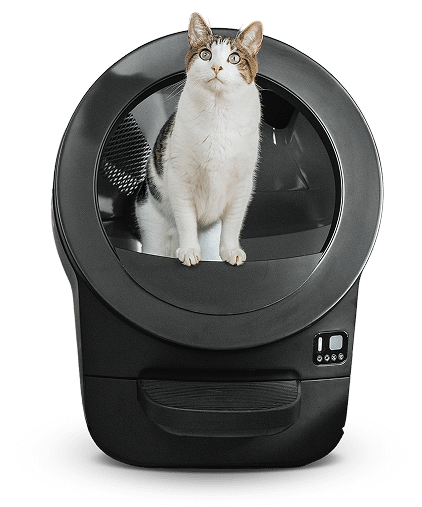 Litter-Robot EVO self cleaning litter box in black with tabby cat inside