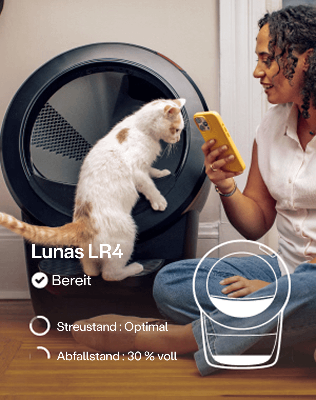 Woman sitting on floor checking the Litter-Robot 4 app on her phone while a white cat climbs into the Litter-Robot 4 with a status overlay showing 'Ready,' 'Litter: Optimal,' and 'Waste: 30% Full'