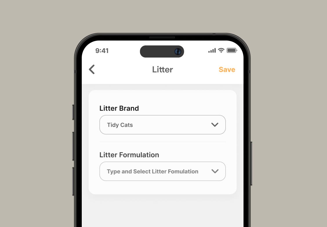 Whisker app litter selection screen.