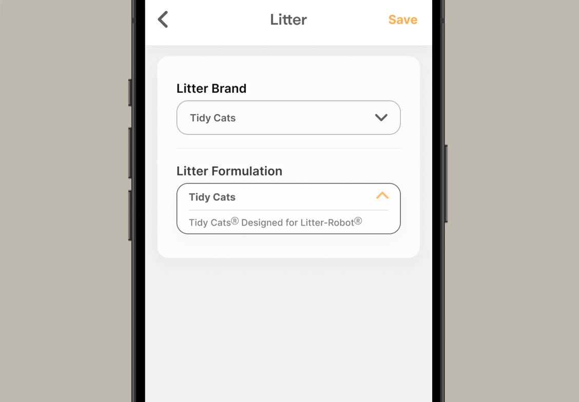 Whisker app litter selection screen.