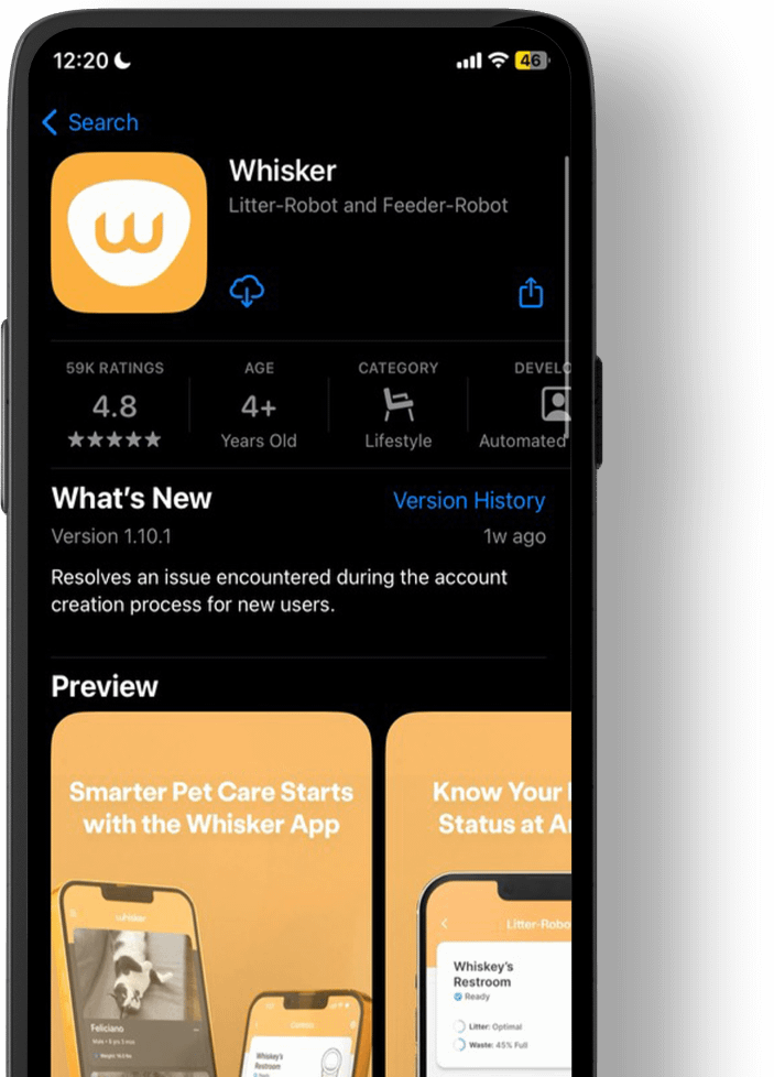 A phone with a Whisker App page opened in the App Store
