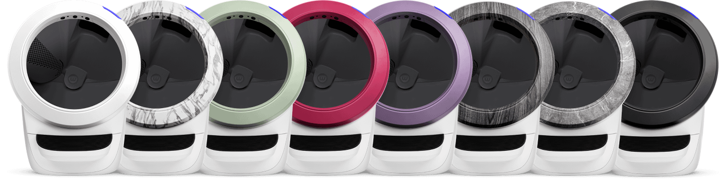 White Litter-Robot 4 units with different color bezel: White, Marble, Mint, Fuschia, Lilac, Grey Stone, Woodgrain, Black