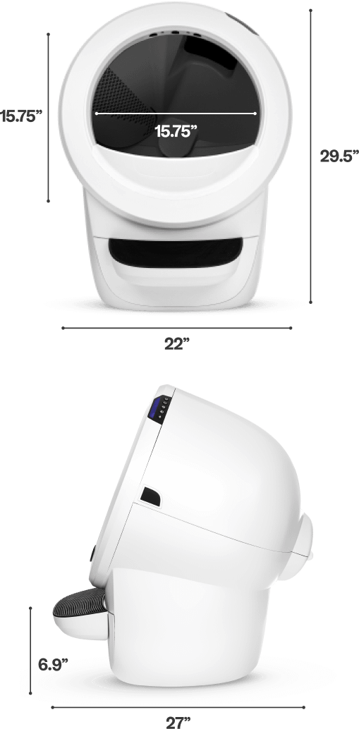 Litter-Robot 4 with dimensions. Height: 29.5 inches, Width: 22 inches, Depth: 27 inches, Step height: 6.9 inches, Entrance opening: 15.75 by 15.75 inches