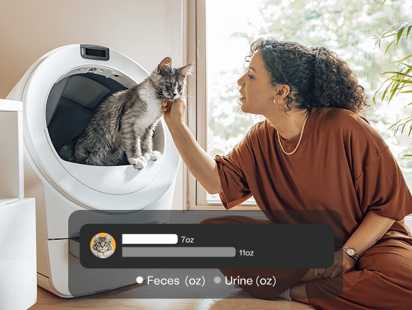 woman petting cat in Litter-Robot 5 with WasteID stats